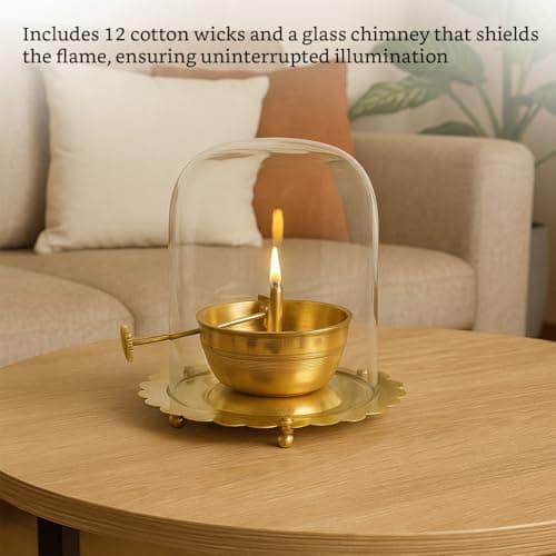 Amazon Brand Solimo - Brass Akhand Jyot Diya with Adjustable Wick Knob & Glass Cover | Large Size – 13.5 x 13.5 x 13.5 cm | Handcrafted Oil Lamp for Home & Pooja Room 3