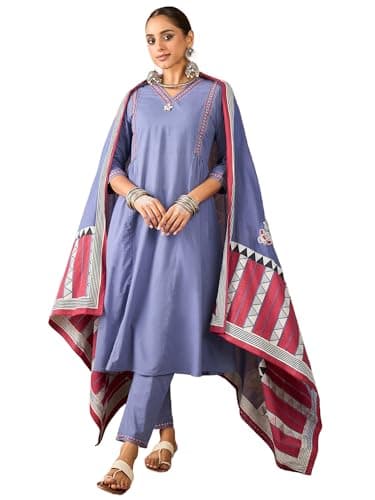 INDO ERA Women's Pure Cotton Embroidered A-Line Calf Length Kurta with Pant & Dupatta Set (Blue_IESTR10908_Small)