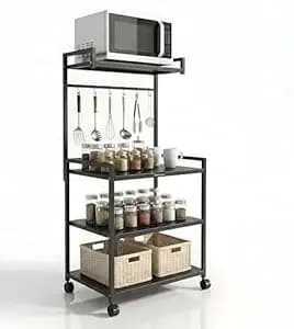4 Tier Heavy Duty Microwave Stand with Wheels | Metal Kitchen Appliance Rack for Oven, OTG, Air Fryer | Storage Organizer Trolley (MS 4 Black)