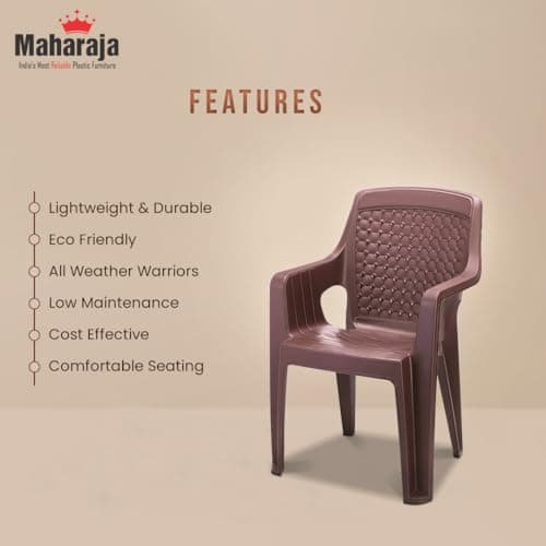 MAHARAJA Plastic Chair Set, Chair for Living Room, Home, Plastic Chair for Home with Arm Rest/Modern Stylish Design with Glossy & Matte Finish Bearing Capacity 200Kg. (Brown, Pack of 6) 4