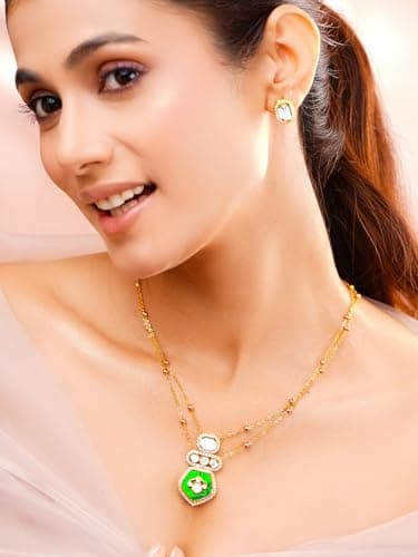 Rubans Gold Plated Cubic Zirconia Green Enamel Layered Pendant Necklace Set Festive Gift Jewellery for Women & Girls 2