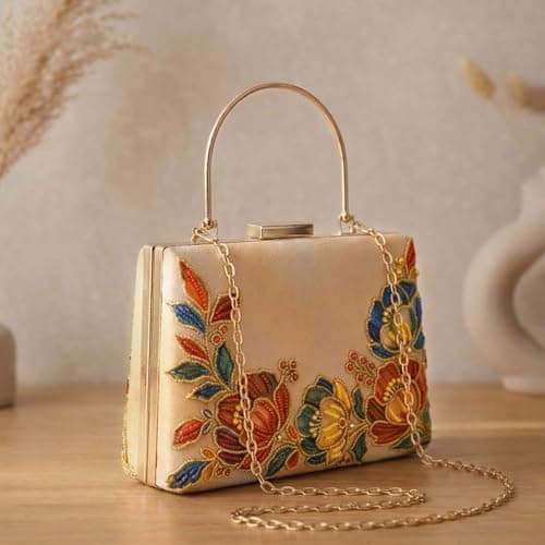 Artklim Printed Gold Floral Embellished Embroidery Clutch Bag for Women with Handle & Detachable Chain Strap | Designer Wedding Festive Evening Handbag 5