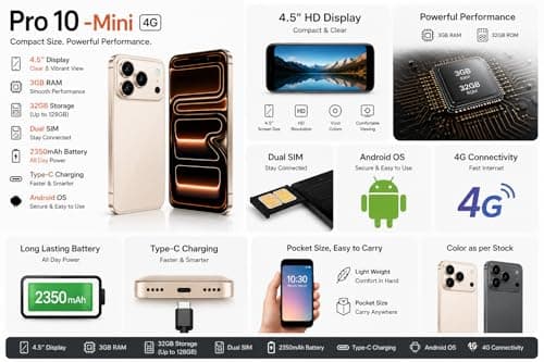 Pro 10 -Mini 4G Smartphone 4.5" Display | 3GB RAM 32GB Storage (Up to 128GB) | Dual SIM | 2350mAh Battery | Type-C Charging | Android Phone for Travel, Kids & Backup Use | Color as per Stock 3