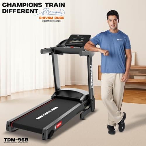 PowerMax Fitness TDM-96B 4HP DC Treadmill for Home | 110KG Max User Running Machine | 14km/hr Top Speed, 4-Level Manual Incline | Bluetooth for app, Speaker, Mp3 | Foldable Cardio Machine, LED Display 2