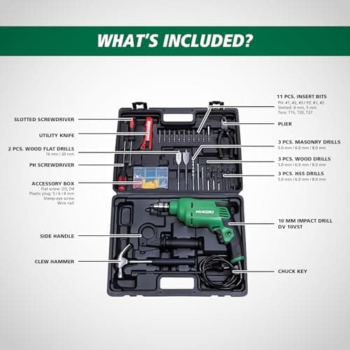 Hikoki Tool Kit(Dv10Vst(Kit) Saz9), 10Mm Corded Impact Drill, 550W, 1.7 Kg, 0-3000 Rpm, 0-48000Bpm, 10Mm Drill Chuck, Robust Design, With 28 Pieces Accessories Included - Black 4