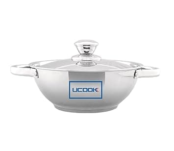 UCOOK Platinum Lifetime Stainless Steel Kadai, 240mm, Silver, White