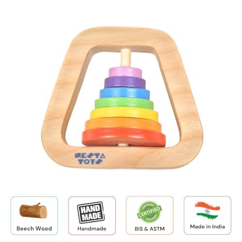 Nesta Toys Wooden Rainbow Rattle | Baby Rattle & Teether | Vibrant Rainbow Shape | Beechwood Non-Toxic BPA-Free | Sensory & Motor Skills | Newborn Gift Age 0+ 3