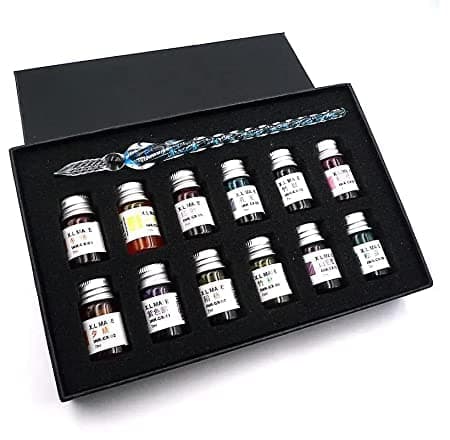 Levin Glass Dipped Pen Ink Set Handmade Crystal Calligraphy Pen with 12 Colorful India Ink for Art, Signatures, Drawing, Decoration, Calligraphy Kits for Beginners