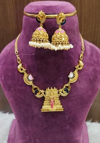 Dvina Glow Gold Plated Meenakshi Amman Temple Jewellery Necklace Set for Women | South Indian Antique Traditional Necklace with Matching Jhumka Earrings | Ethnic Bridal Wedding Festive Jewellery 4