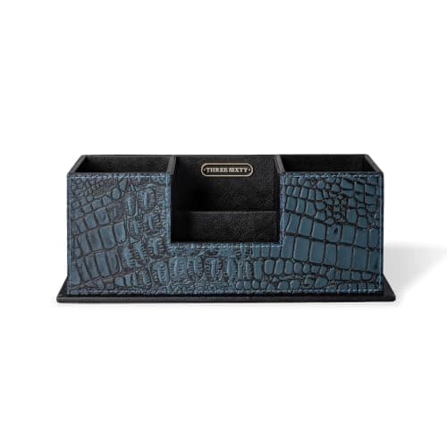 Desk Organizer Faux Leather Multi-Compartment Stationery Holder - Desktop Storage for Home Office and Professional Workspace (BLUE)