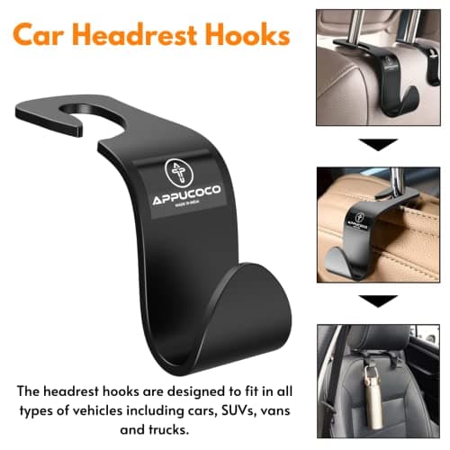 APPUCOCO Car Seat Headrest Storage Hooks/Hanger Universal Durable Organiser Space Saver for Handbag (Black, Pack of 4) 2