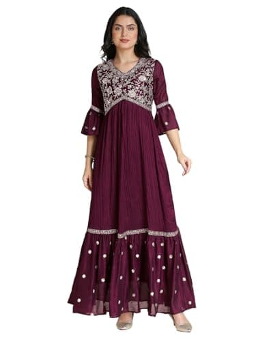 madhuram textiles Women's Vichitra Silk Crus Traditional Ethnic Long Gown Dress with Sequance Embroidery Work Regular Fit Long Kurta(M-2445 Maroon_Large)