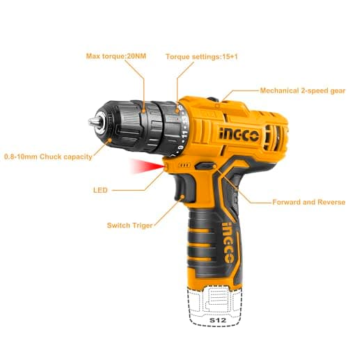 INGCO Drill Machine for home use, 12V Drilling Machine, Cordless Drill With 2 PCS Batteries and charger, Yellow 2