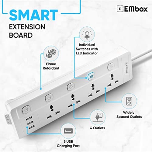EMBOX Extension Board with USB (2.4 A)| Extension Board with Switches Spike Guard | 6 amp Universal Sockets, LED Indicator 2500W, 2 Meter Extension Cord 3