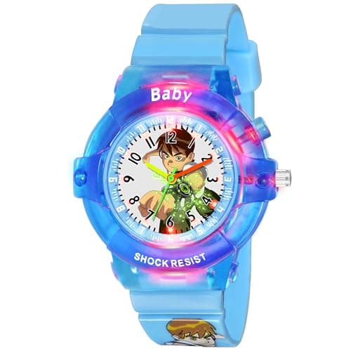Shocknshop Boy's Analog Led Cartoon Multi Colors Lights Nylon Watch -W336 (Sky Blue)