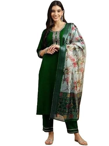 Festive Ready Kurta Set With Dupatta With Subtle Embroidery For Cultural Party Occasion Outfit Green XL