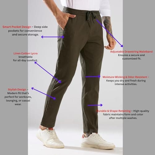 TRUE COLORS OF INDIA TCI Men's Travel Pants Casual Pant – Linen Cotton Lycra Joggers/Trousers with Elastic Waistband & Drawstring, Button & Zip Closure, 4 Pockets, Lightweight Bottomwear Green 2