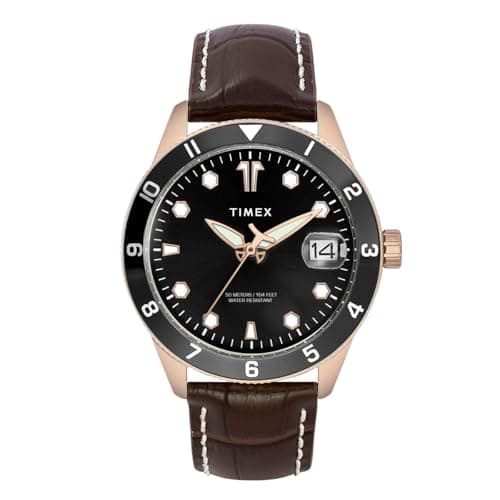 TIMEX Analog Watch for Man with Black Round Dial & Brown Leather Strap Band Water Resistant Men's Wrist Watches - TWEG30001