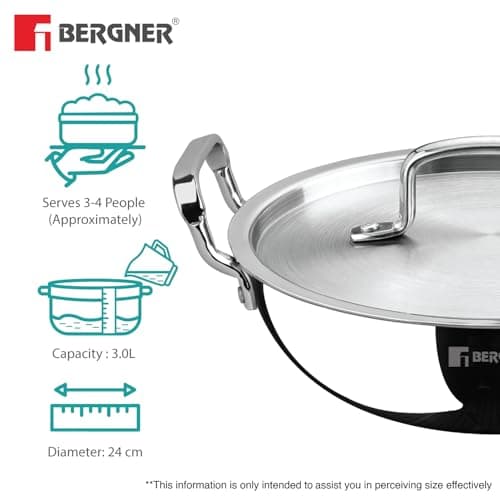 BERGNER TriPro Tri-Ply Stainless Steel 24cm (3 L) Deep Kadai/Kadhai with Stainless Steel Lid, Durable Stay Cool Handles, Healthy Cooking, Less Oil Use, Easy to Clean - Induction and Gas Stove Ready 3
