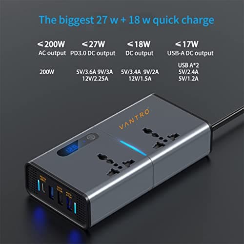 Vantro 200W Car Power Inverter/Laptop Charger with 3 USB (6.2A Max) & 1 C Type(1 * 27WPD) Smart USB Ports, 2 AC Universal Outlets and 12V DC to 220V AC with QC3.0 Model P2 2