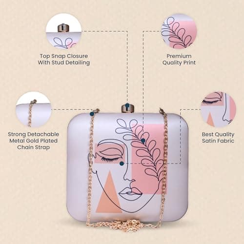 Artklim Off White Women Face Printed Box Clutch Sling Bag - Detachable Golden Chain Strap Purse for Traditional, Contemporary, Stylish Outfits & Events, Birthday - Gifts for Best Friend 3