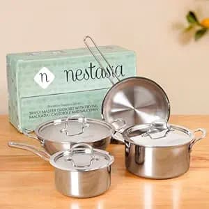 Nestasia Triply Stainless Steel 7 Pc Cookware Set - Fry Pan (20cm/1L), Kadai (22cm/2.25L), Casserole (20cm/3L) & Saucepan (16cm/1.5L) with 3 Lids | Induction & Gas Stove Friendly