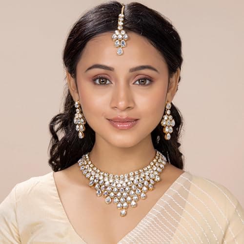 Peora Gold Plated Kundan Choker Necklace with Earring Maang Tikka Traditional Jewellery Set for Women 2