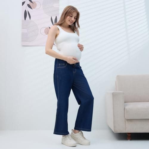 MomToBe Maternity Baggy Jeans for Women | Under Belly Stretchable Waistband | Wide Leg Denim Pants | Comfortable Pregnancy Jeans | Casual Maternity Wear (Denim Blue::XXX-Large) 3