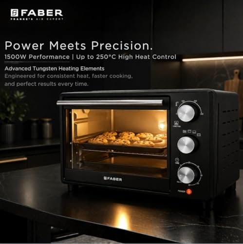 Faber FOTG 24L Neo|1500 Watts OTG|Bake,Toast, Grill| 4 Stage Functions,Upper & Lower Heating|Cool-Touch Handle, Heat Resistant Glass, Indicator Light, Auto-Shut, Ready Bell| Removable Crumb Tray 5