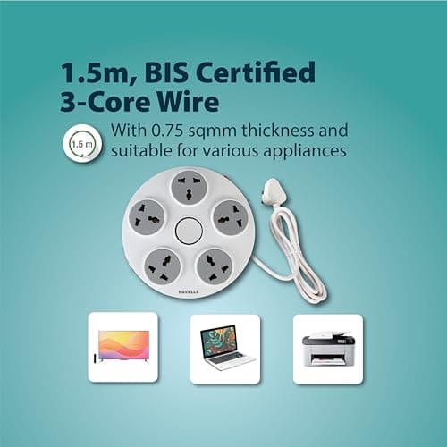Havells Wheel Star 5X 5+1 Round Extension Board | Overload, Over Current & Over Voltage Protection | 1.5 Mtr Copper Wire | ISI Certified Wire & Plug | Universal 3 Pin 5 Sockets | LED Indicator | Home  4