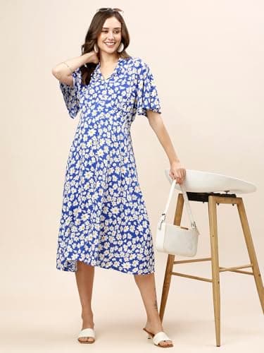 MomToBe Women Fit And Flare Midi Rayon Maternity /Pregnancy /Easy Breastfeeding /Feeding Dress/Western Dress with Zippers for Nursing Pre and Post Pregnancy (Dark Blue ; X-Large) 2