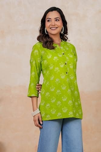 BLOCKS OF INDIA Short Kurti | Fluorescent Green Color | Women Casual Wear Outfit | Lightweight Fabric Comfortable Fit Stylish Design Summer Friendly Breathable Material Modern Look XL 4