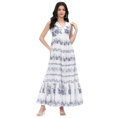 BIBA Women Off-White-Blue Cotton Tiered Printed Dress_42
