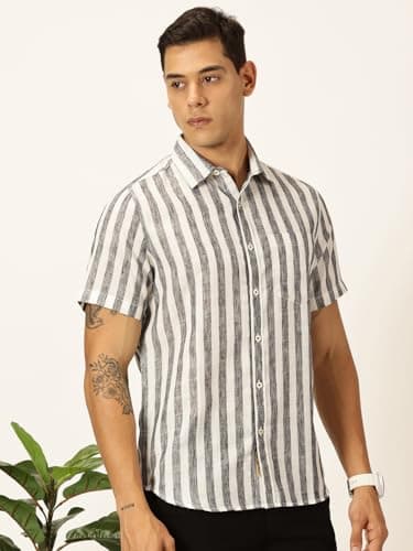 Thomas Scott Mens Half Sleeves Cotton Linen Striped Casual Shirt (TS1375_Black, 2XL) 3