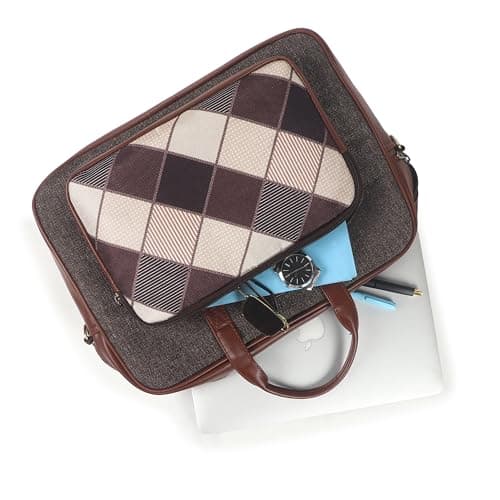 Zestale Checkered Messenger Bag with Faux Leather Trim, Brown, Crossbody Laptop Bag with Adjustable Shoulder Strap 3