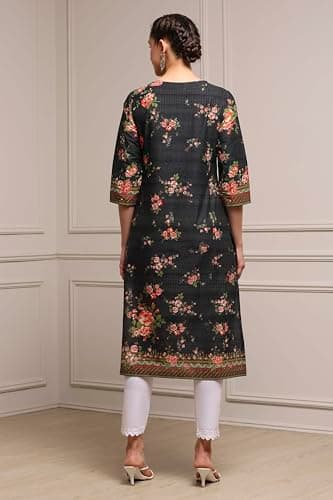 Biba Women Black Cotton Printed Straight Kurta_46 5