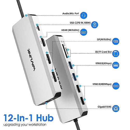 WAVLINK USB C Hub Triple Monitor, 12-in-1 Laptop Docking Station, Multiport Adapter with 4K HDMI, Dual 4K DP, 100W PD in, 5Gbps USB3.0, USB2.0, RJ45, SD/TF Slots, Audio/Mic 2