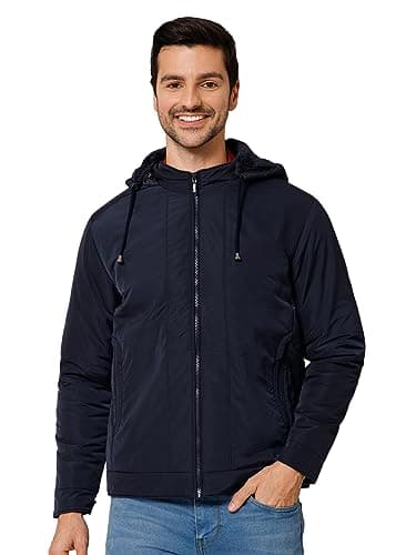 Cantabil Solid Navy Blue Full Sleeves Hooded Neck Regular Fit Mens Casual Jacket | Casual Winter Jackets for Men | Detachable Hoodie| Mens Hooded Jackets for Winter Wear (MJKT00215_NAVY_M)