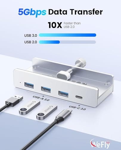 USB Hub 3.0, Clamp USB Hub with Extra Power Supply Port, Aluminum 4-Port USB Adapter with 3 USB-A Data Ports, USB-C Port for Monitors, Desks Desktops, Keyboards, Laptops, Smartphones, (MHPC 5IN 1) 2