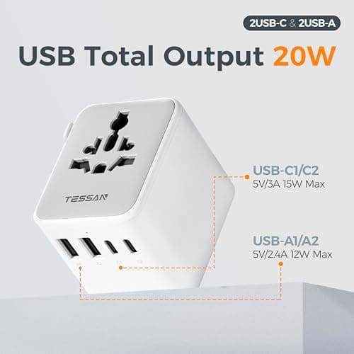 TESSAN Universal Power Adapter, International Plug Adaptor with 4 USB Ports (1 USB C), Travel Worldwide Essentials Wall Charger for US to Global. (TESSAN 17) 4