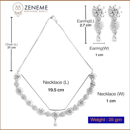 ZENEME Rhodium Plated Silver Toned White American Diamond Studded Necklace With Earring Jewellery Set For Women and Girl (White) 5
