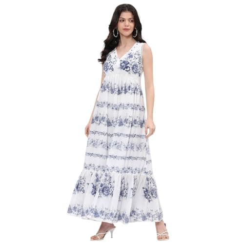 BIBA Women Off-White-Blue Cotton Tiered Printed Dress_42 2
