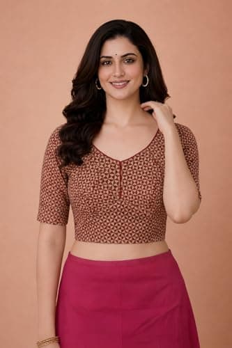 Amazon Brand - Anarva Women's Premium Cotton Trikon Print Strechable Readymade Saree Blouse | U-Neck Ethnic Wear for Festive and Party Look | Katori Cut (Cup-Blouse-trikon-Maroon-m) 3