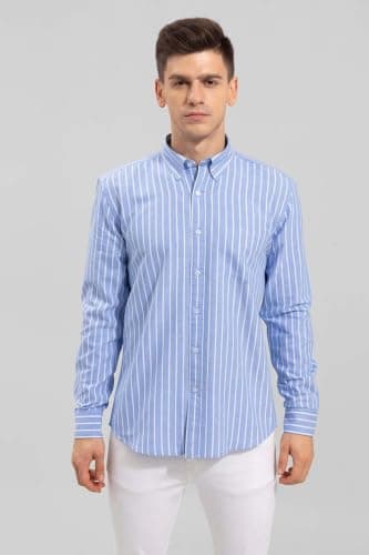 Zombom Men's Light Blue & White Vertical Striped Shirt for Men | Full Sleeve Slim Fit Cotton Blend Shirt | Stylish Formal 5