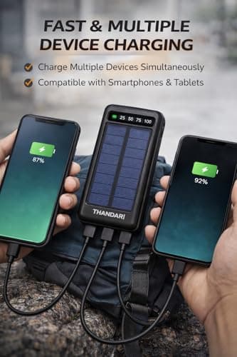 THANDAR 10000mAh Solar Power Bank Fast Charging Waterproof Dual USB with LED Display, Outdoor Portable Charger with Type-C Cable 4