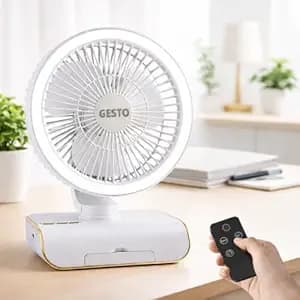 Gesto 8 Inch High Speed Rechargeable Table Fan with Remote Control | 4000mAh Battery | Automatic Oscillation | 5 Speed Modes | LED Night Light | Portable USB Charging Desk Fan for Home, Office & Study