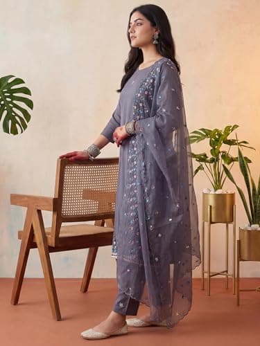 INDO ERA Women's Off White Pure Cotton Floral Printed Straight Fusion Kurta & Pant Set 4