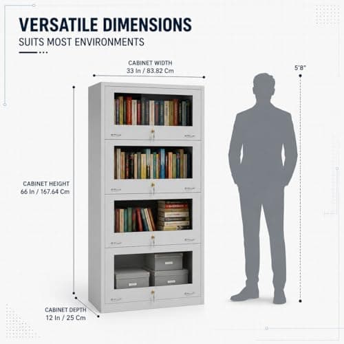 Amazon Brand - Solimo Steel Bookrack, 4 Door Bookshelf with Glass Doors for Home & Office, Metal Book Cabinet for Library, Study Room & Staff Room, Powder Coated (Light Grey) 2