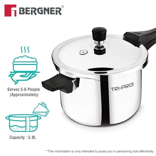 Bergner TriPro Triply Outer Lid Pressure Cooker 5 Litres, Bakelite Safe Grip Handle, Healthy Cooking, Even and Faster Heat Distribution, Easy to Clean, 2.5mm Thickness - Induction and Gas Stove Ready 3