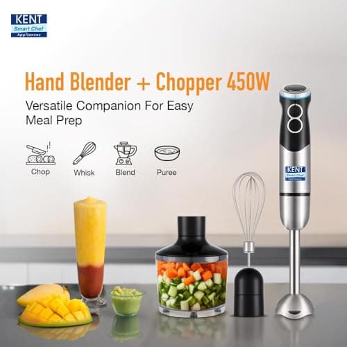 KENT Hand Blender Plus Chopper 450 W | Variable Speed Control | Turbo Switch for Fast Blending & Chopping | Hot & Cold Blending | Low Noise DC Motor | Multiple Attachments Chopper, Whisker & Jar 2